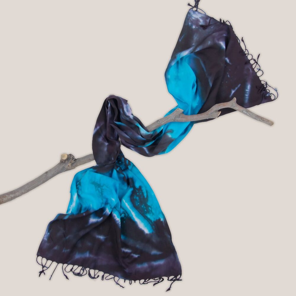 NWT Nixie Tie Dye Scarf Blue Black Fringe Wrap Hand Dyed Rayon Akasha Sun